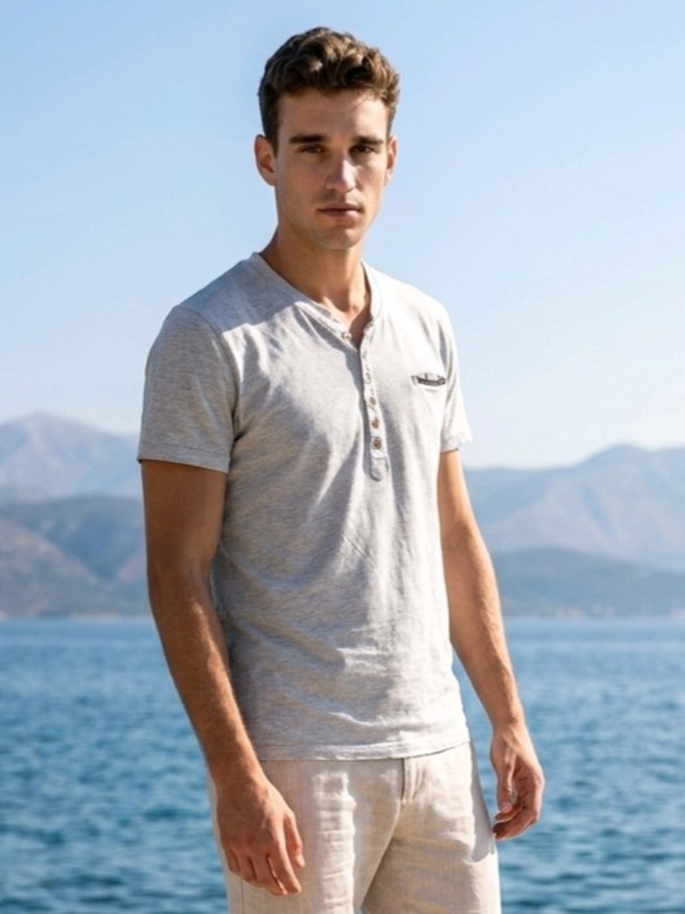 Diesel Henley Light Gray Shortsleeve T-shirt six-button placket M